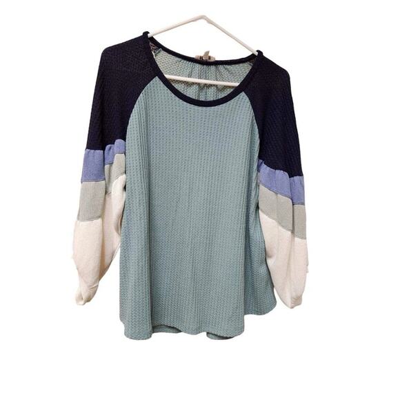 UMGEE Waffle Print Color Block Balloon Long Sleeve Shirt Black Green Blue Medium - Picture 1 of 5